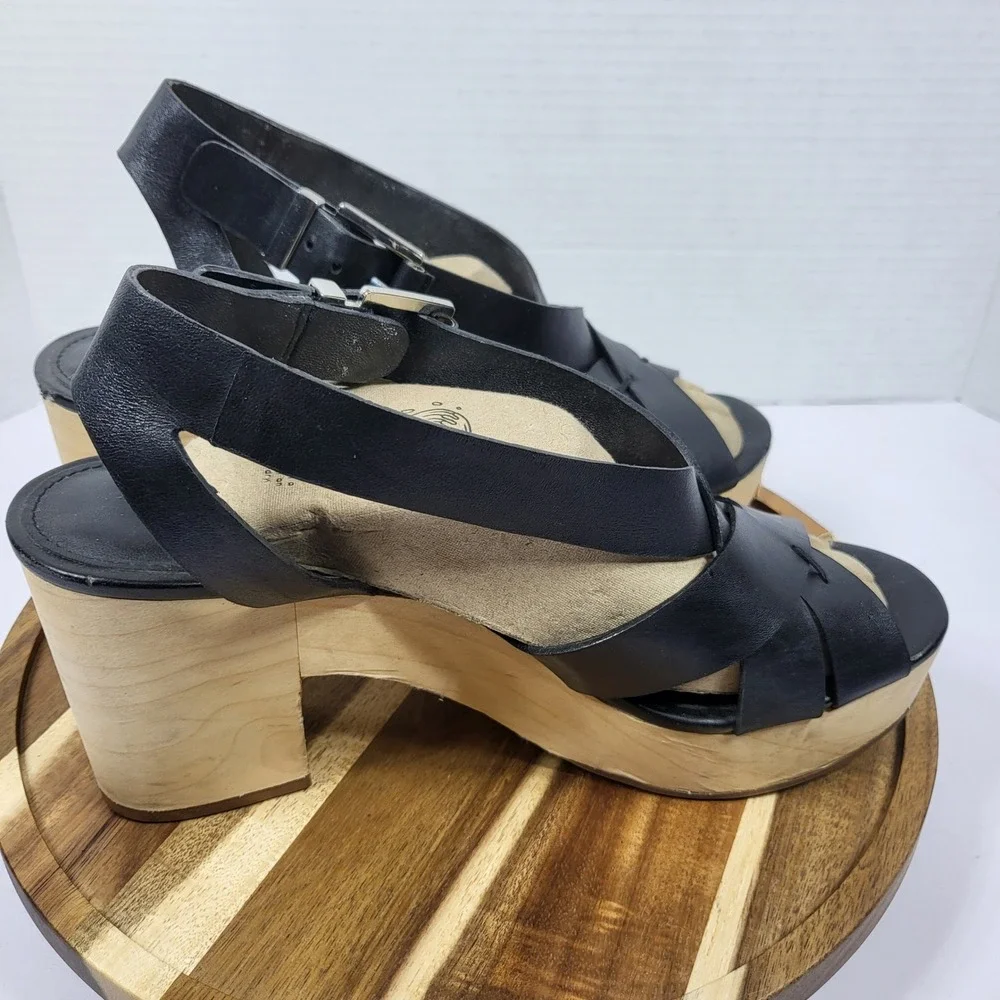 Rebecca Minkoff Black Leather Wood‎ Platform Block Heel Sandals Womens 9M